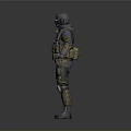 Tactical Operative In Blue Uniform With Helmet Protective Gear And Backpack