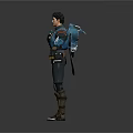 3D Male Character Model Wearing Blue Black Outfit With Arm Guards Utility Belt And Boots