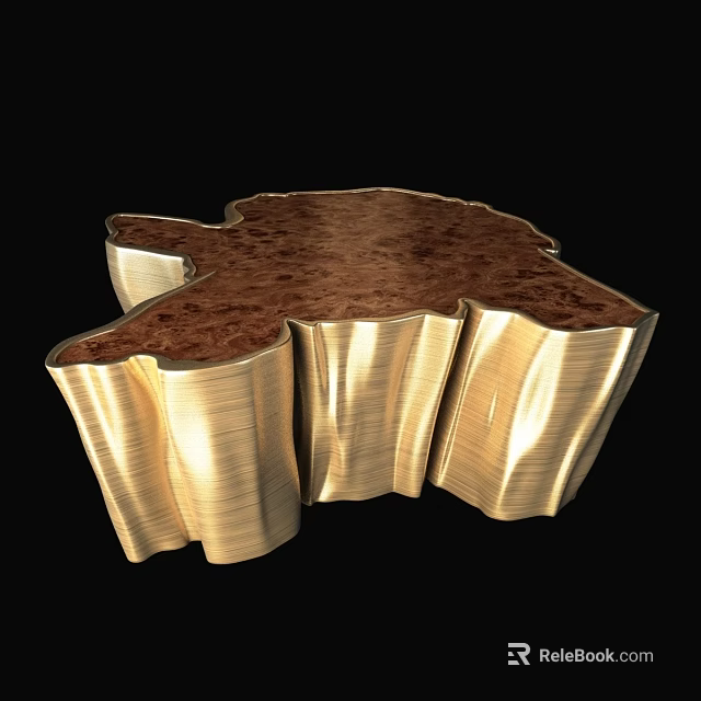 Luxury Modern Coffee Table Design with Solid Wood Top and Gold Metal Ribbed Legs 3d model 