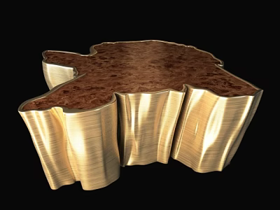 Luxury Modern Coffee Table Design with Solid Wood Top and Gold Metal Ribbed Legs 3d model