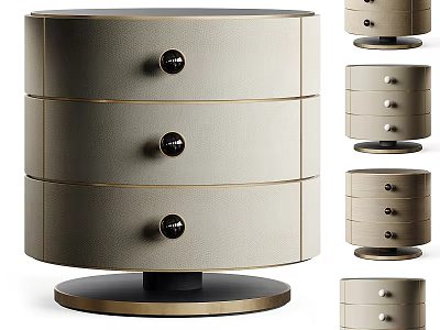 Elegant Round Chest of Drawers With Three Leather Drawers Black Knobs And Gold Base 3d model