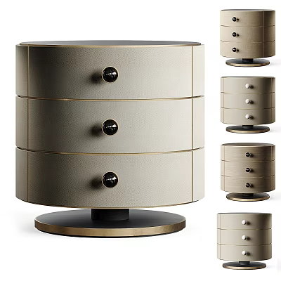 Elegant Round Chest of Drawers With Three Leather Drawers Black Knobs And Gold Base 3d model