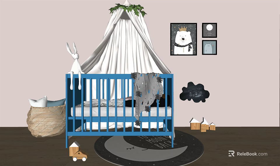 Adorable Nursery Interior With Blue Crib White Canopy Rabbit Plush And Cloud Decor 3d model 