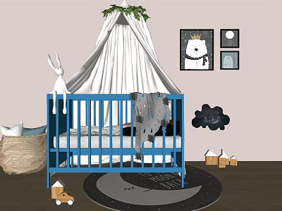 Adorable Nursery Interior With Blue Crib White Canopy Rabbit Plush And Cloud Decor 3d model
