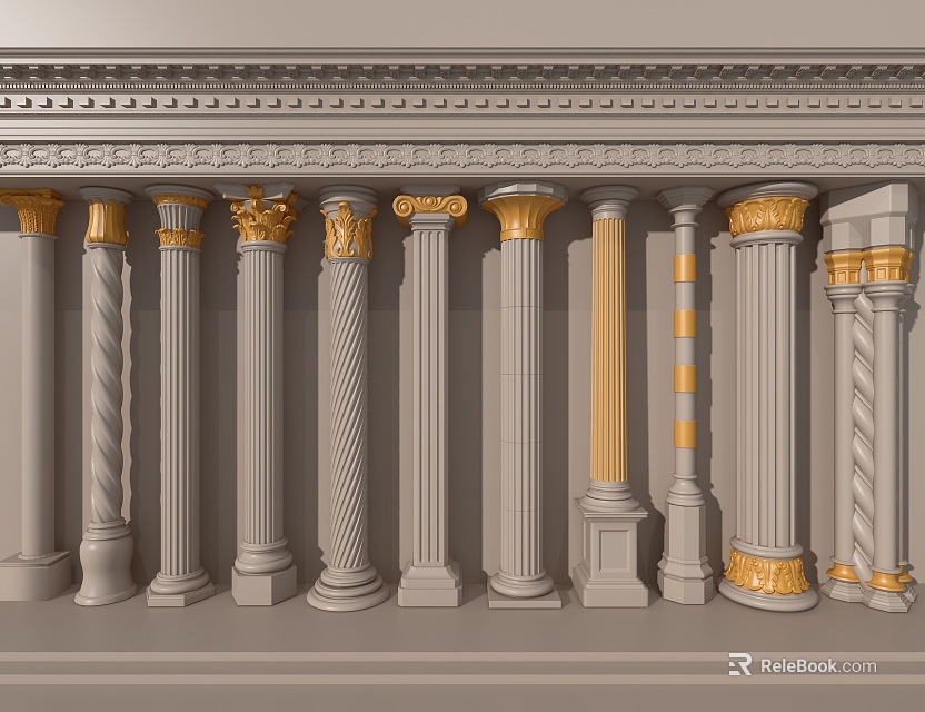 Classical Roman Columns with Gray Bodies and Gold Ornate Carvings in Various Designs 3d model 