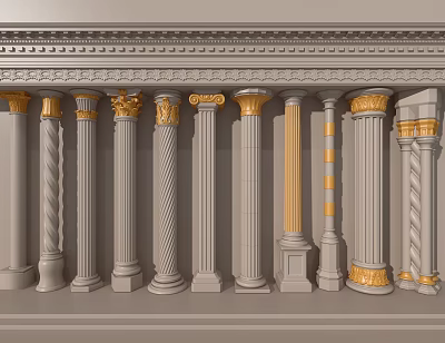 Classical Roman Columns with Gray Bodies and Gold Ornate Carvings in Various Designs 3d model