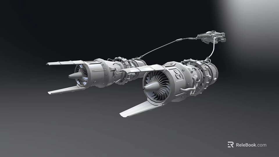 Two Connected Gray Industrial Mechanical Devices With Engine Blades And Pipes 3d model 