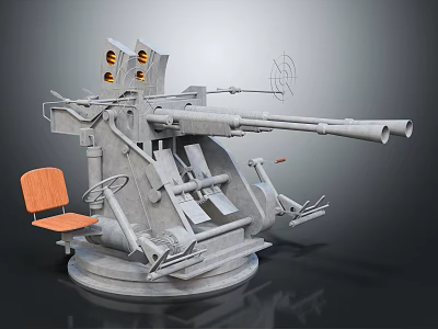 Vintage Military Mechanical Gun Mount Structure with Orange Chair and Wheels 3d model