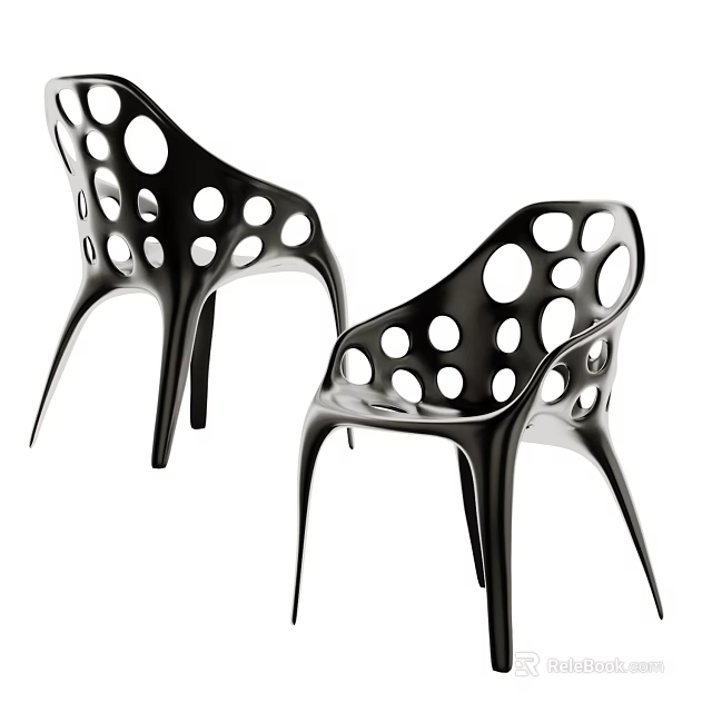 Two Modern Black Leisure Chairs with Circular Cutouts and Stylish Leg Design 3d model 
