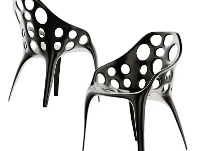 Two Modern Black Leisure Chairs with Circular Cutouts and Stylish Leg Design 3d model