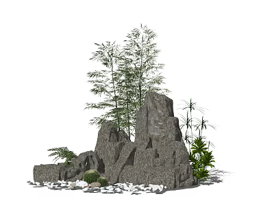 Garden Ornament Design Featuring Rockery Bamboo Green Plants And Pebbles 3d model