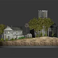 Cartoon Scene With Water Tower Trees Old Tower Small Houses Fence And Circular Base