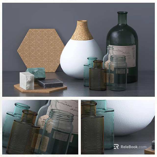 Elegant Ceramic Vase With Wooden Lid And Glass Jars For Decorative 3d model 