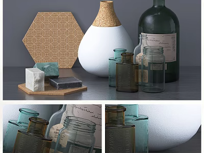 Elegant Ceramic Vase With Wooden Lid And Glass Jars For Decorative 3d model