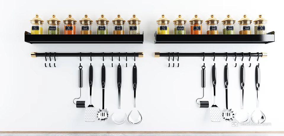 Kitchen Wall With Spice Jars And Hanging Utensils 3d model 