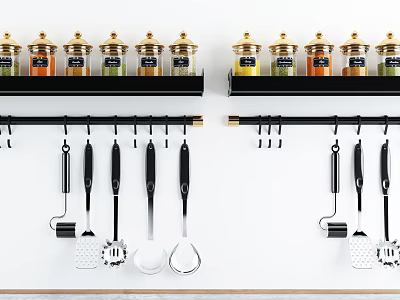 Kitchen Wall With Spice Jars And Hanging Utensils 3d model