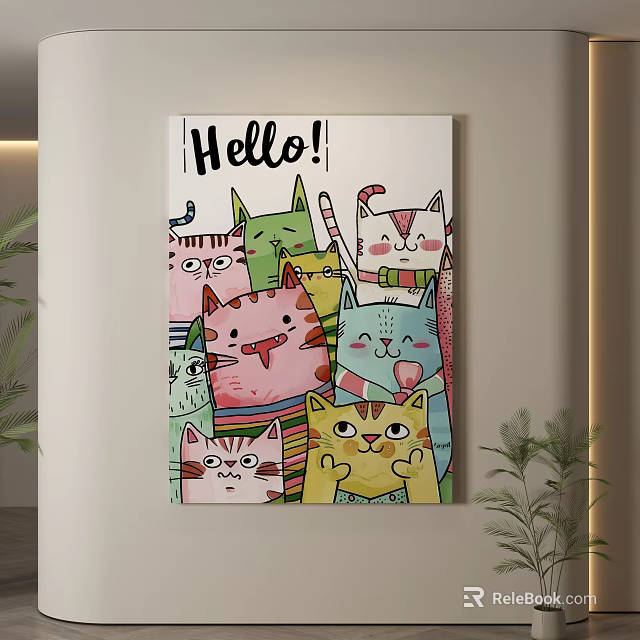 Colorful Cartoon Cats Canvas Wall Art With Hello Text And Playful Design 3d model 
