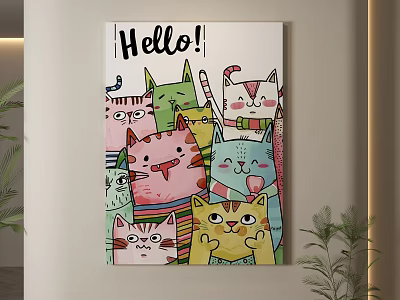 Colorful Cartoon Cats Canvas Wall Art With Hello Text And Playful Design 3d model