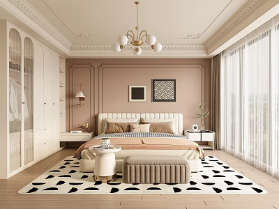 Modern Elegant Bedroom Interior With Built In Wardrobes Chandelier Headboard And Patterned Rug 3d model