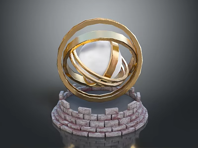 Elegant Golden Intertwined Ring Sculpture With Brick Like Base Design 3d model