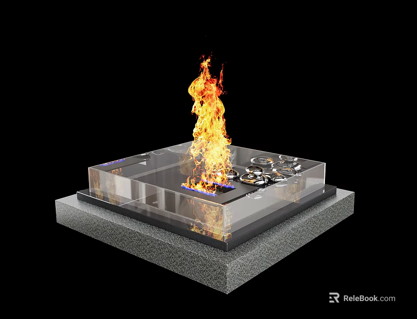 Modern Glass Fireplace With Flaming Fire And Transparent Structure And Stone Base 3d model 
