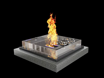 Modern Glass Fireplace With Flaming Fire And Transparent Structure And Stone Base 3d model