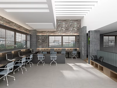 Modern Public Office Area With Open Layout Desks Chairs And Stone Wall Windows 3d model