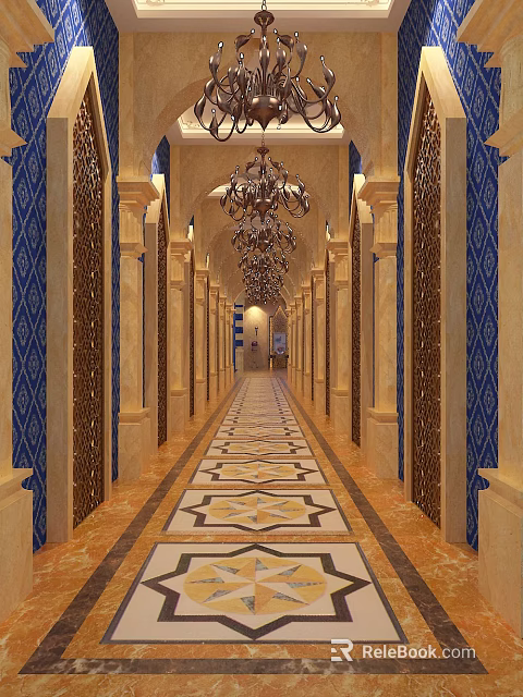 Luxurious Hotel Corridor With Ornate Chandeliers Decorative Columns And Patterned Floor 3d model
