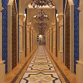 Luxurious Hotel Corridor With Ornate Chandeliers Decorative Columns And Patterned Floor 3d model