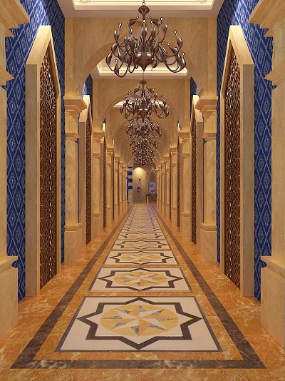 Luxurious Hotel Corridor With Ornate Chandeliers Decorative Columns And Patterned Floor 3d model