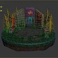 Mystical Stone Platform With Glowing Symbols Pine Trees And Red Inscriptions