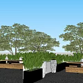 Outdoor Wooden Chairs in Garden with Green Plants White Black Planters Grey Gravel and Trees