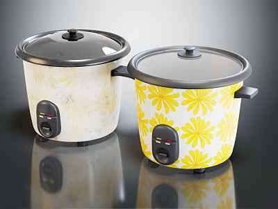Stylish Kitchen Appliances Two Rice Cookers With Floral Patterns And Gray Lids 3d model