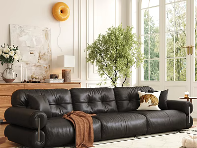 Black Leather Three Seater Sofa With Brown Blanket And Leopard Pillow In Bright Living Room 3d model