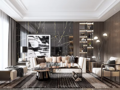 Elegant Modern Living Room Interior With Sofa Pillows Marble Wall And Decorative Shelves 3d model