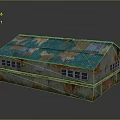 Old Industrial Park Building With Green Rusty Roof Peeling Paint And Gray Walls