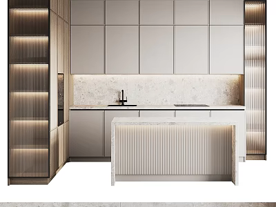 Modern Kitchen Interior With Gray Cabinets Marble Countertop And Central Island 3d model
