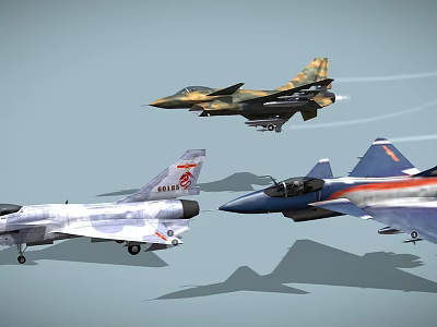Fighter Jets Flying In Formation With Camouflage And Colorful Striped Markings 3d model