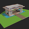 Modern Pergola Design With Striped Columns Wooden Platform And Lawn Area