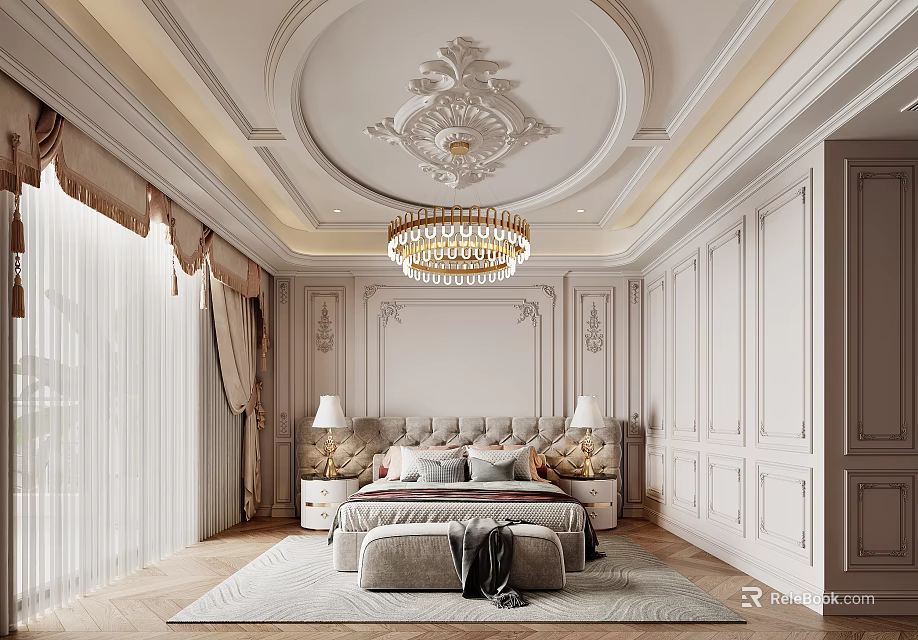 Luxurious Bedroom With Ornate Ceiling Decor Crystal Chandelier And Upholstered Headboard 3d model 