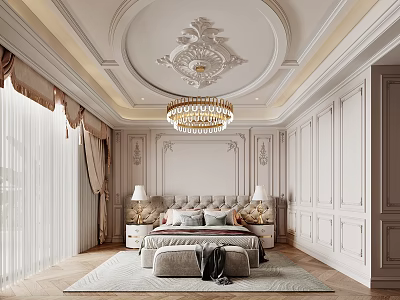 Luxurious Bedroom With Ornate Ceiling Decor Crystal Chandelier And Upholstered Headboard 3d model