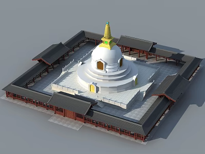 Traditional Ancient Architecture With White Stupa Golden Top Red Walls And Black Roofs 3d model