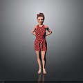 Woman in Red Polka Dot Dress with Updo Hairstyle and White Shoes Against Gray Background