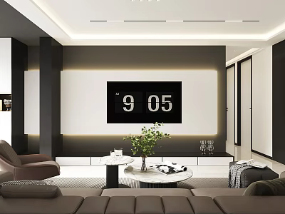 Modern Minimalist Living Room Interior With Sleek Monochrome TV Wall And Comfortable Leather Sofa Set 3d model
