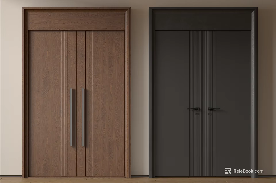 Modern Double Doors Design With Brown Wood Grain And Black Metal Handles 3d model 