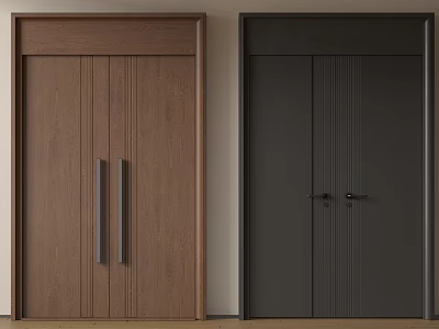 Modern Double Doors Design With Brown Wood Grain And Black Metal Handles 3d model
