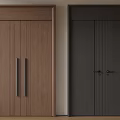 Modern Double Doors Design With Brown Wood Grain And Black Metal Handles