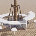 Outdoor White Circular Bench And Small Stools Set With Wooden Floor And Stone Gravel