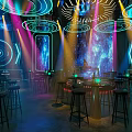 Modern Bar Interior With Neon Lights Bar Counter Tables Chairs And Futuristic Decor