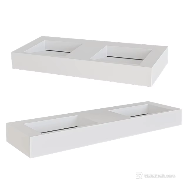 Modern White Double Bowl Washbasin Rectangular Design For Bathroom Interior 3d model 